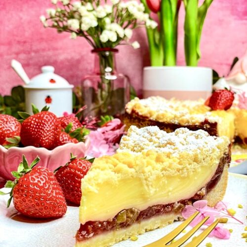 Bester Erdbeer-Rhabarber-Kuchen mit Pudding-Schmand-Creme und Streusel in 4 Schichten! 2 Erdbeer-Rhabarber-Kuchen
